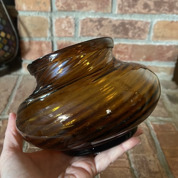 Vtg Hand Blown Amber Optic Swirl Glass Vase Trinket Bowl Set of 2 - Picture 8 of 11
